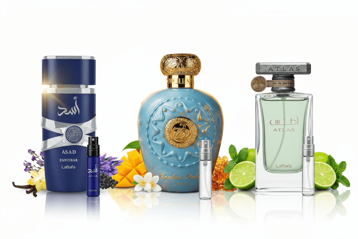 Lattafa Nyári Férfi Kollekció – 3×10 ml Dekant Szett (Asad Zanzibar + Opulent Dubai + Atlas) - Oudpont.hu