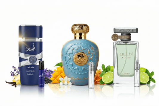 Lattafa Nyári Férfi Kollekció – 3×10 ml Dekant Szett (Asad Zanzibar + Opulent Dubai + Atlas) - Oudpont.hu